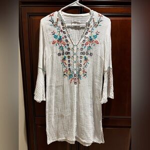 Johnny Was Women’s White Lined Multicolored Embroidery Tunic Dress - XS